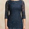 Semi-formal & Cocktail | Sheath/Column Scoop Knee-Length Lace Cocktail Dress Dark Navy – Womens