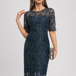 Semi-formal & Cocktail | Sheath/Column Scoop Knee-Length Lace Cocktail Dress With Sequins Dark Navy – Womens