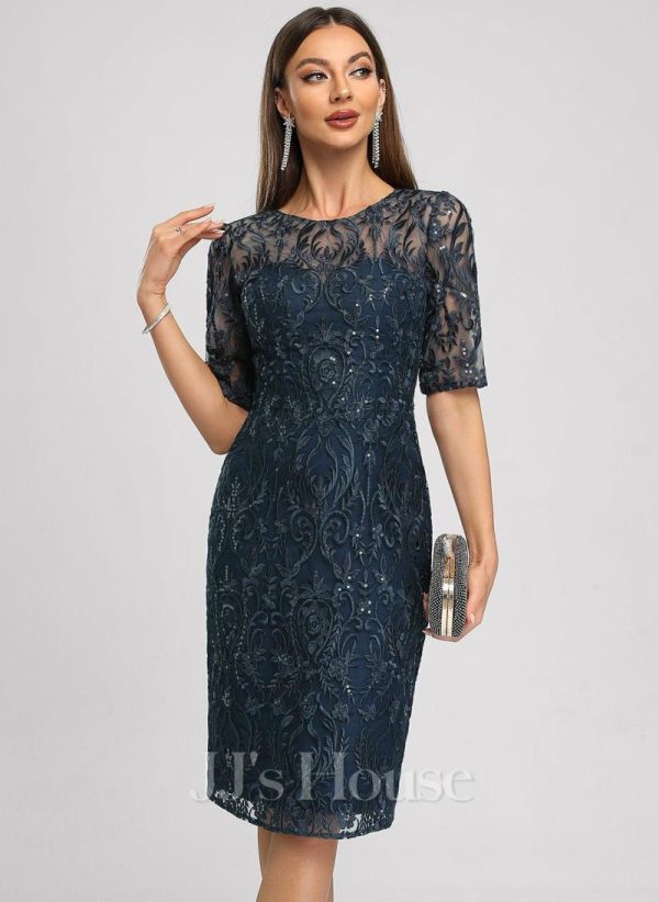 Semi-formal & Cocktail | Sheath/Column Scoop Knee-Length Lace Cocktail Dress With Sequins Dark Navy – Womens