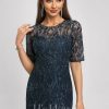 Semi-formal & Cocktail | Sheath/Column Scoop Knee-Length Lace Cocktail Dress With Sequins Dark Navy – Womens