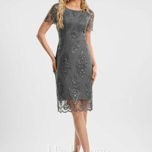 Semi-formal & Cocktail | Sheath/Column Scoop Knee-Length Lace Sequin Cocktail Dress With Sequins Steel Grey – Womens