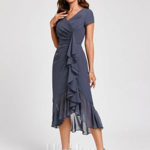 Semi-formal & Cocktail | Sheath/Column V-Neck Asymmetrical Chiffon Cocktail Dress With Cascading Ruffles Ruffle Stormy – Womens