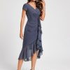 Semi-formal & Cocktail | Sheath/Column V-Neck Asymmetrical Chiffon Cocktail Dress With Cascading Ruffles Ruffle Stormy – Womens