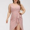 Semi-formal & Cocktail | Sheath/Column V-Neck Asymmetrical Chiffon Cocktail Dress With Pleated Ruffle Dusty Rose – Womens