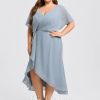 Semi-formal & Cocktail | Sheath/Column V-Neck Asymmetrical Chiffon Cocktail Dress With Ruffle Dusty Blue – Womens