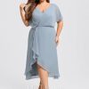 Semi-formal & Cocktail | Sheath/Column V-Neck Asymmetrical Chiffon Cocktail Dress With Ruffle Dusty Blue – Womens