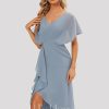 Semi-formal & Cocktail | Sheath/Column V-Neck Asymmetrical Chiffon Cocktail Dress With Ruffle Dusty Blue – Womens