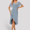 Semi-formal & Cocktail | Sheath/Column V-Neck Asymmetrical Chiffon Cocktail Dress With Ruffle Dusty Blue – Womens