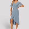 Semi-formal & Cocktail | Sheath/Column V-Neck Asymmetrical Chiffon Cocktail Dress With Ruffle Dusty Blue – Womens