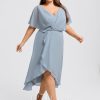 Semi-formal & Cocktail | Sheath/Column V-Neck Asymmetrical Chiffon Cocktail Dress With Ruffle Dusty Blue – Womens