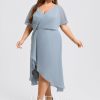 Semi-formal & Cocktail | Sheath/Column V-Neck Asymmetrical Chiffon Cocktail Dress With Ruffle Dusty Blue – Womens