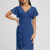 Semi-formal & Cocktail | Sheath/Column V-Neck Knee-Length Chiffon Cocktail Dress With Cascading Ruffles Royal Blue – Womens