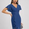 Semi-formal & Cocktail | Sheath/Column V-Neck Knee-Length Chiffon Cocktail Dress With Cascading Ruffles Royal Blue – Womens