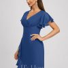 Semi-formal & Cocktail | Sheath/Column V-Neck Knee-Length Chiffon Cocktail Dress With Cascading Ruffles Royal Blue – Womens