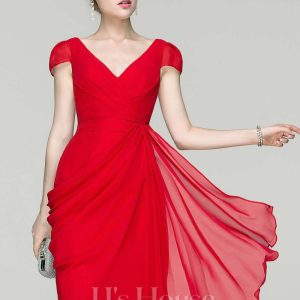 Semi-formal & Cocktail | Sheath/Column V-Neck Knee-Length Chiffon Cocktail Dress With Cascading Ruffles Ruffle Red – Womens