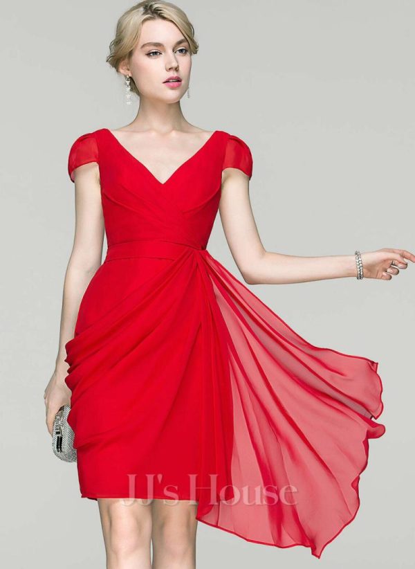 Semi-formal & Cocktail | Sheath/Column V-Neck Knee-Length Chiffon Cocktail Dress With Cascading Ruffles Ruffle Red – Womens