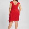 Semi-formal & Cocktail | Sheath/Column V-Neck Knee-Length Chiffon Cocktail Dress With Cascading Ruffles Ruffle Red – Womens