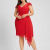 Semi-formal & Cocktail | Sheath/Column V-Neck Knee-Length Chiffon Cocktail Dress With Cascading Ruffles Ruffle Red – Womens