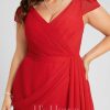 Semi-formal & Cocktail | Sheath/Column V-Neck Knee-Length Chiffon Cocktail Dress With Cascading Ruffles Ruffle Red – Womens