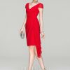 Semi-formal & Cocktail | Sheath/Column V-Neck Knee-Length Chiffon Cocktail Dress With Cascading Ruffles Ruffle Red – Womens