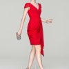 Semi-formal & Cocktail | Sheath/Column V-Neck Knee-Length Chiffon Cocktail Dress With Cascading Ruffles Ruffle Red – Womens