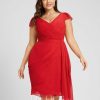 Semi-formal & Cocktail | Sheath/Column V-Neck Knee-Length Chiffon Cocktail Dress With Cascading Ruffles Ruffle Red – Womens