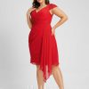 Semi-formal & Cocktail | Sheath/Column V-Neck Knee-Length Chiffon Cocktail Dress With Cascading Ruffles Ruffle Red – Womens