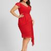 Semi-formal & Cocktail | Sheath/Column V-Neck Knee-Length Chiffon Cocktail Dress With Cascading Ruffles Ruffle Red – Womens