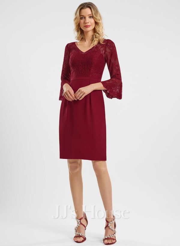 Semi-formal & Cocktail | Sheath/Column V-Neck Knee-Length Chiffon Lace Cocktail Dress Burgundy – Womens