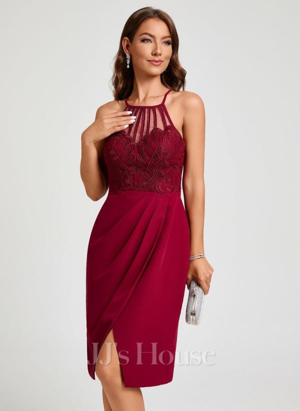 Semi-formal & Cocktail | Sheath/Column V-Neck Knee-Length Lace Chiffon Cocktail Dress With Ruffle Burgundy – Womens