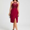 Semi-formal & Cocktail | Sheath/Column V-Neck Knee-Length Lace Chiffon Cocktail Dress With Ruffle Burgundy – Womens