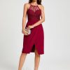 Semi-formal & Cocktail | Sheath/Column V-Neck Knee-Length Lace Chiffon Cocktail Dress With Ruffle Burgundy – Womens