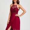 Semi-formal & Cocktail | Sheath/Column V-Neck Knee-Length Lace Chiffon Cocktail Dress With Ruffle Burgundy – Womens