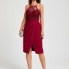 Semi-formal & Cocktail | Sheath/Column V-Neck Knee-Length Lace Chiffon Cocktail Dress With Ruffle Burgundy – Womens