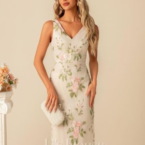 Semi-formal & Cocktail | Sheath/Column V-Neck Knee-Length Tulle Cocktail Dress With Flower Apricot – Womens