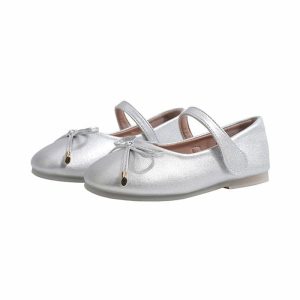 Shoes | Girl’s Flats Daily Mary Jane Bowknot Faux Leather Round Toe Flat Heel Shoes Silver – Girls