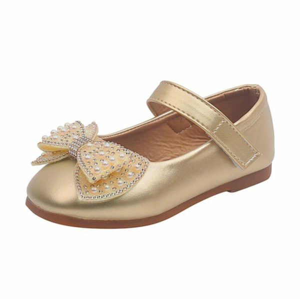 Shoes | Girl’s Flats Flower Girl Shoes Bowknot Pearl Rhinestone Mary Jane Wedding Daily Party Faux Leather Round Toe Flat Heel Hook & Loop Shoes Gold – Girls