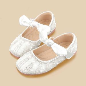 Shoes | Girl’s Flats Flower Girl Shoes Wedding Daily Party Mary Jane Junior Bridesmaid Shoes Bowknot Pearl Rhinestone Glitter Flat Heel Shoes Silver – Girls