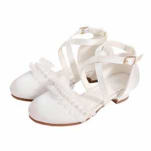 Shoes | Girl’s Flower Girl Shoes Pearl Ruffles Lace Wedding Satin Round Toe Closed Toe Low Heel Buckle Shoes Beige – Girls