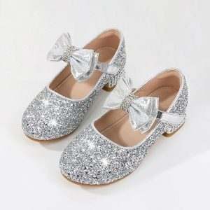 Shoes | Girl’s Flower Girl Shoes Princess Shoes Party Mary Jane Bowknot Glitter Faux Leather Round Toe Low Heel Shoes Silver – Girls