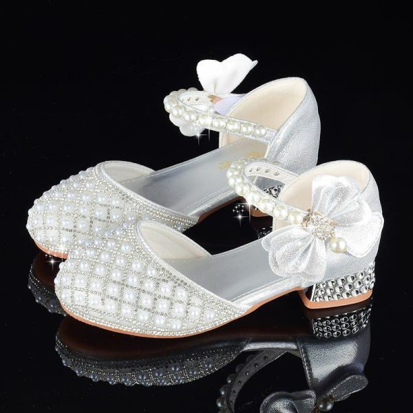 Shoes | Girl’s Flower Girl Shoes Princess Shoes Wedding Party Cosplay Closed Toe Junior Bridesmaid Shoes Bowknot Pearl Rhinestone Leatherette Low Heel Shoes Silver – Girls