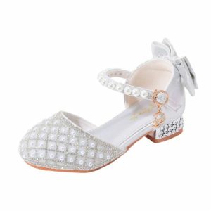 Shoes | Girl’s Flower Girl Shoes Princess Shoes Wedding Party Cosplay Junior Bridesmaid Shoes Bowknot Pearl Rhinestone Faux Leather Round Toe Low Heel Shoes Silver – Girls