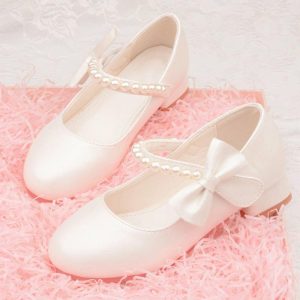 Shoes | Girl’s Flower Girl Shoes Wedding Daily Party Mary Jane Junior Bridesmaid Shoes Bowknot Pearl Faux Leather Round Toe Low Heel Shoes White – Girls