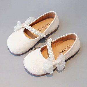 Shoes | Girl’s Flower Girl Shoes Wedding Party Bowknot Pearl Leatherette Round Toe Flat Heel Shoes Beige – Girls