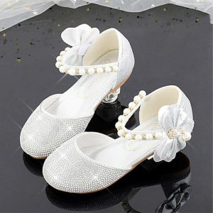 Shoes | Girl’s Flower Girl Shoes Wedding Party Bowknot Pearl Rhinestone Faux Leather Round Toe Flat Heel Shoes Silver – Girls