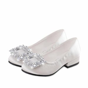 Shoes | Girl’s Flower Girl Shoes Wedding Party Closed Toe Crystal Satin Low Heel Shoes White – Girls