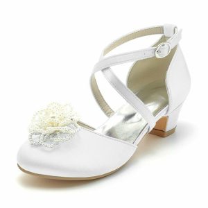 Shoes | Girl’s Flower Girl Shoes Wedding Party Flower Pearl Satin Round Toe Low Heel Shoes White – Girls