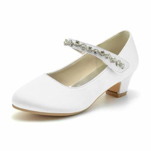 Shoes | Girl’s Flower Girl Shoes Wedding Party Mary Jane Crystal Satin Round Toe Low Heel Shoes White – Girls