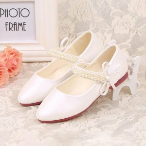 Shoes | Girl’s Flower Girl Shoes Wedding Party Mary Jane Junior Bridesmaid Shoes Bowknot Pearl Leatherette Flat Heel Shoes White – Girls