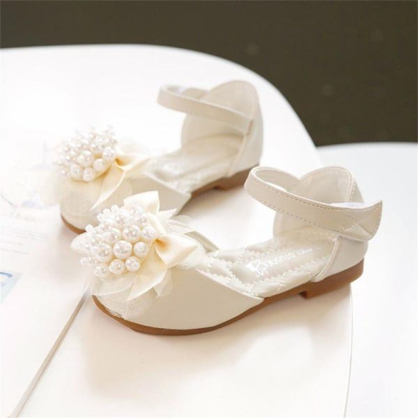 Shoes | Girl’s Flower Girl Shoes Wedding Party Peep Toe Flower Pearl Leatherette Flat Heel Shoes White – Girls